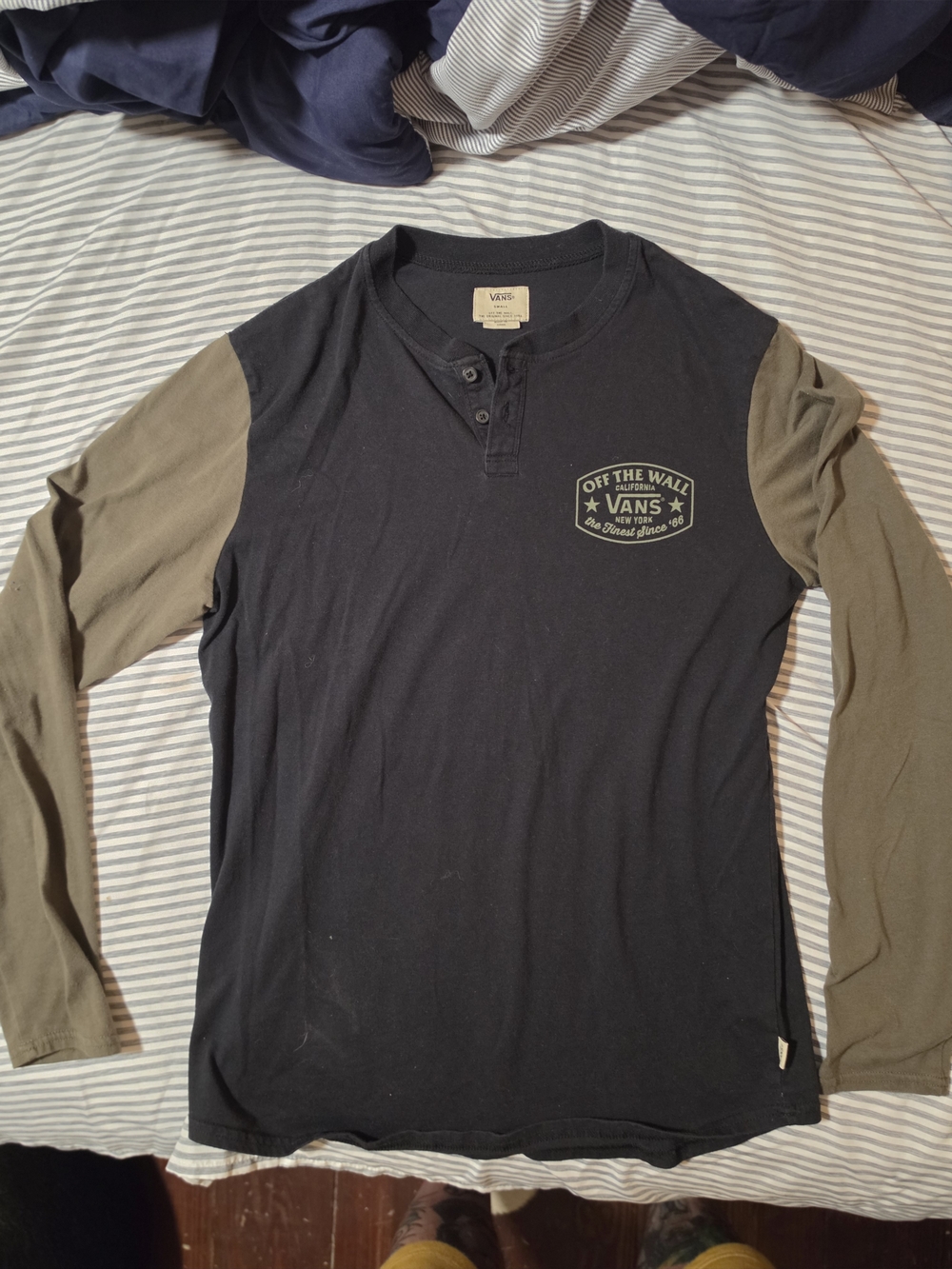 Vans Two-Tone Long Sleeve Henley in Black and Olive